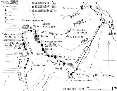 谷川岳南部のルートマッブ．西黒尾根，天神尾根の一般コースを歩くときの参考になる．滝沢・佐藤（1986）に一部加筆