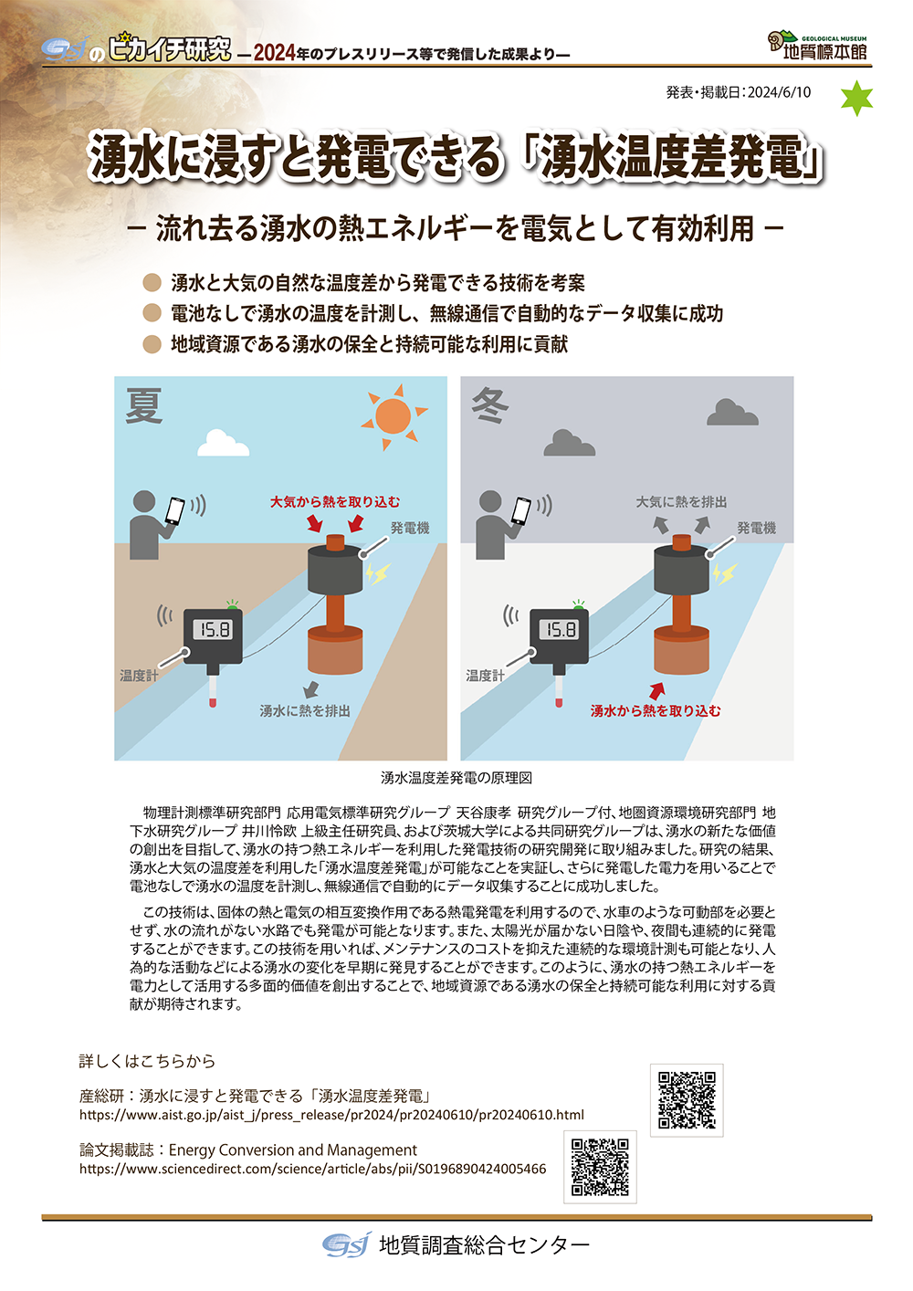 「湧水に浸すと発電できる「湧水温度差発電」
― 流れ去る湧水の熱エネルギーを電気として有効利用 ―」