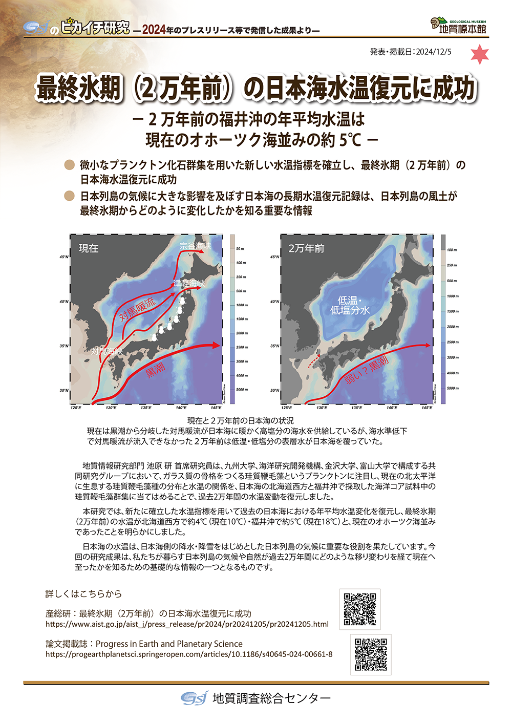 最終氷期（2万年前）の日本海水温復元に成功
― 2万年前の福井沖の年平均水温は現在のオホーツク海並みの約5℃ ―