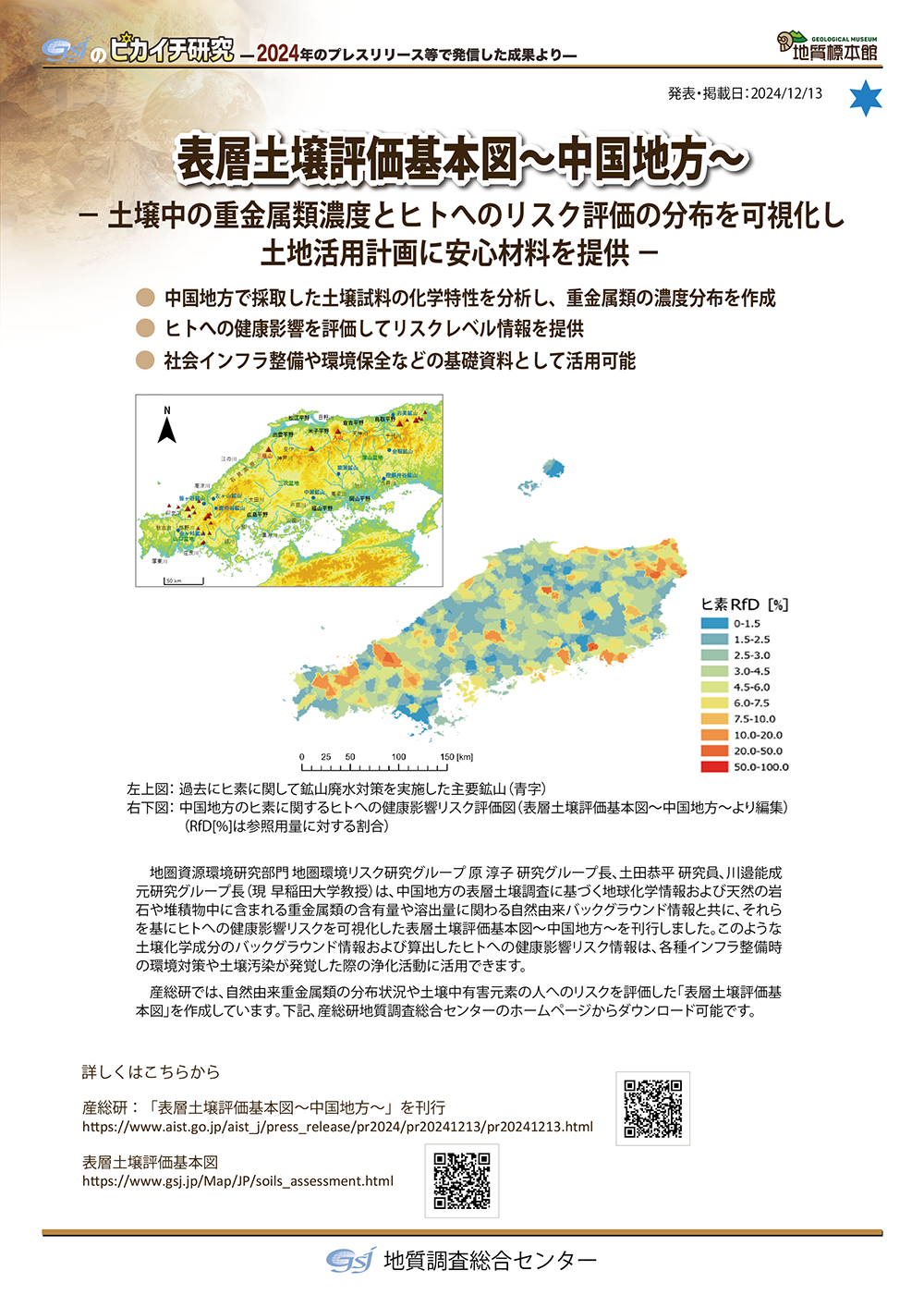 表層土壌評価基本図～中国地方～
― 土壌中の重金属類濃度とヒトへのリスク評価の分布を可視化し土地活用計画に安心材料を提供 ―