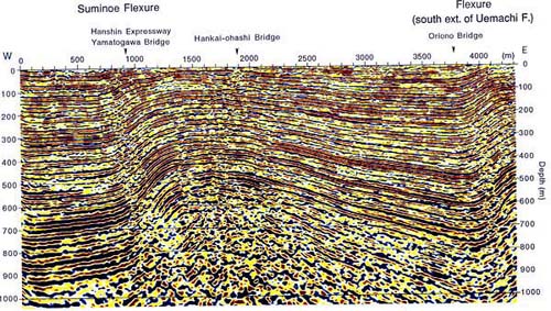 大和川測線の反射断面（深度変換断面）