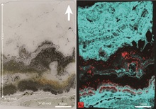 Thin section photo of high-grade Au-Ag ore from the Hishikari vein deposit (left) and its X-ray mapping images of elemental distribution for Au and K (right).